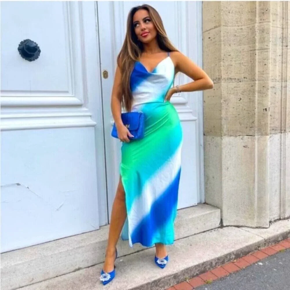 Zara Multicolored Tie Dye Satin Effect Cross Back Midi Dress Blue Green Ombre XS